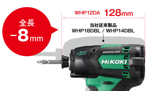 当社従来製品 WHP18DBL/WHP14DBLと比較して全長−8mm